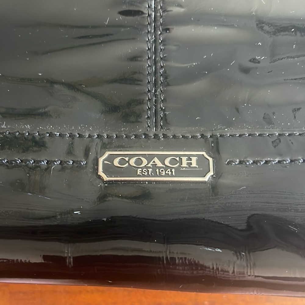 Coach ladies black patent leather tote. Green lining. F24893. - Picture 3 of 15